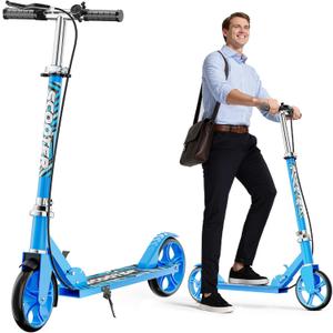 Scooters for Kids 8-12, Teens & Adults - Lightweight, Foldable, 8-Inch Big Wheels, Hand Brake & Bell, 4 Adjustable Height Levels, 240 lbs Max Load, Perfect for School, Campus and Park Rides (Blue)