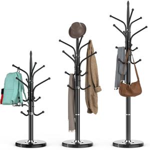 Heavy Duty Coat Rack with Marble Base, Freestanding Hall Coat Tree with 12 Hooks and 3 Adjustable Sizes, Metal Coat Rack Stand for Entryway, Bedroom, Office Hanging Purses, Coats, Scarves, Hats (Black)
