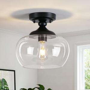 Modern Semi Flush Mount Ceiling Light, 11.8" Black Ceiling Light Fixture with Clear Glass Shade, Industrial Farmhouse Ceiling Lamp for Entryway, Hallway, Kitchen, 1-Light E26 Base