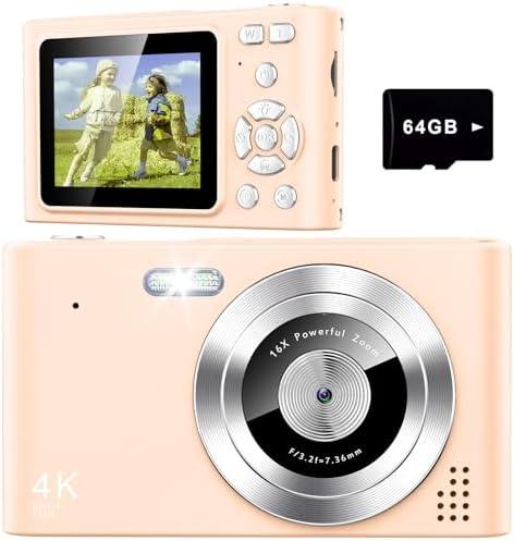 Digital Camera, Camera for Kids, UHD 4K 48MP Point and Shoot Digital Cameras with 64GB SD Card and 16X Digital Zoom Anti Shake, Compact Portable Small Gift for Boys Girls Students, Pink