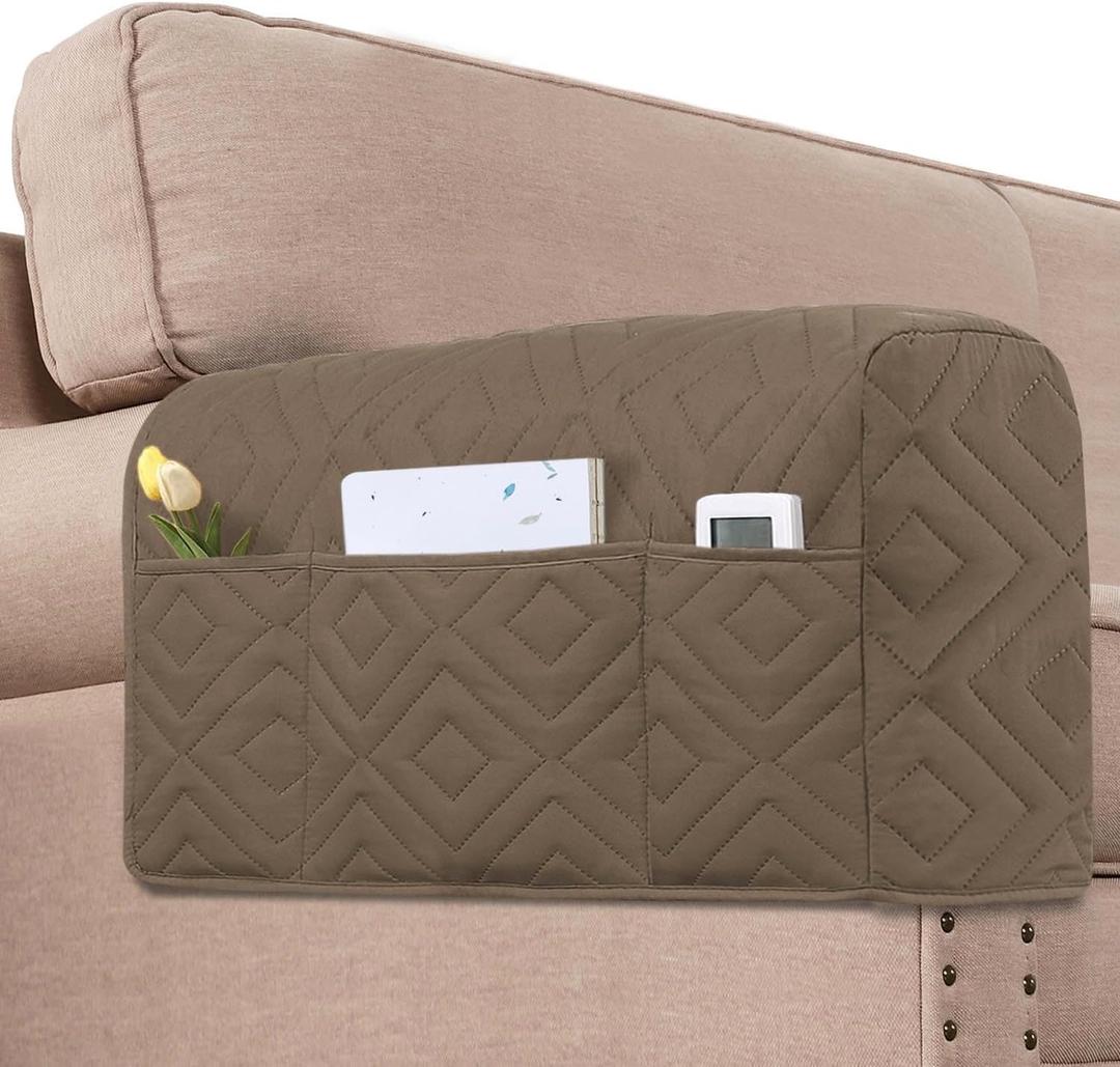 H.VERSAILTEX Armrest Covers for Sofa Water Resistant Couch Arm Covers Remote Control Holder Sofa Armrest Organizer for Magazine, Tablet, Phone, iPad(Set of 2, Taupe/Beige)