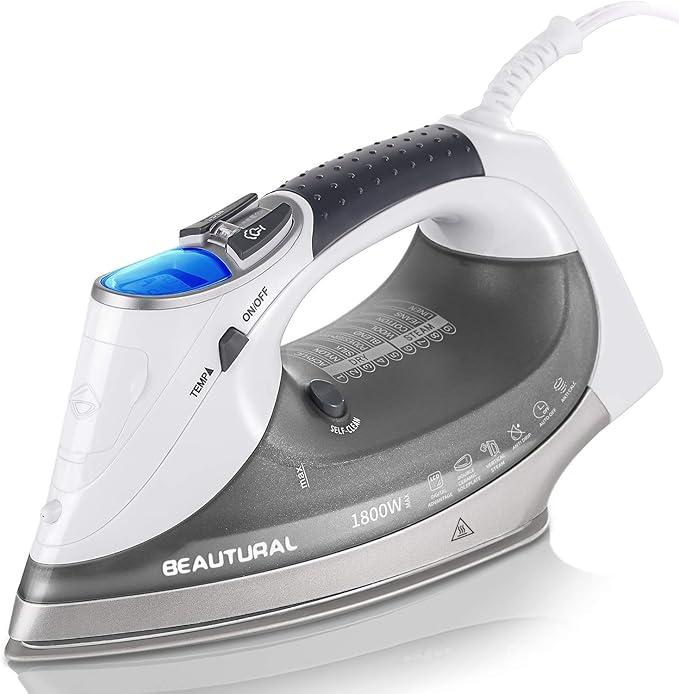 BEAUTURAL 1800Watt Steam Iron with Digital LCD Screen, DoubleLayer and Ceramic Coated Soleplate, 3Way AutoOff, 9 Preset Temperature and Steam Settings for Variable Fabric Gray