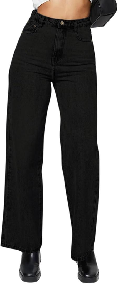 KDF Straight Leg Jeans for Women Baggy Jeans for Woman Pants Loose Stretchy Cropped Wide Leg Woman Black, Size 14