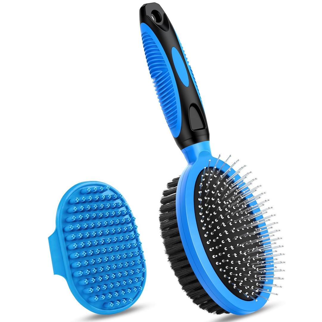 2PCS Pet Grooming Tools - Double-Sided Brush for Shedding and Bathing, Suitable for Short/Long Haired Dogs, Cats and Horses, Deshedding Dog Brush, Mane & Tail Combs for Horses - Pet Supplies (Blue)