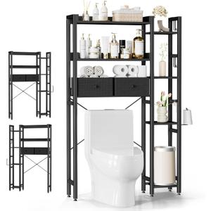Housolution Over The Toilet Storage with 2 Drawers, 7 Tier Over Toilet Bathroom Organizer with Height Adjustable Shelves and Hooks, Space Saver Above Toilet for Bathroom/Restroom/Laundry, Black