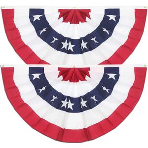 2 Pack USA Pleated Fan Flag, 3x6 Ft American US Flag Patriotic Bunting Stars and Stripes Banner with Canvas Header and Brass Grommets for 4th of July Memorial Day Indoor Outdoor Decoration