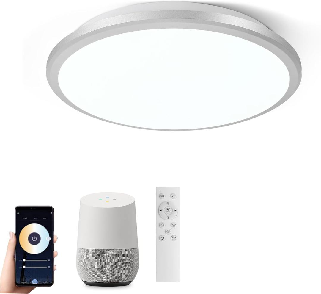Smart Ceiling Light 24W LED Fixture, Flush Mount Ceiling Light Compatible with Alexa Google Home, Voice/Remote/App Control for Bedroom, Kitchen Island, Living Room