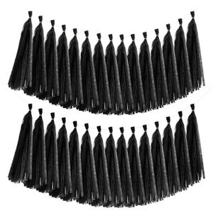MECCANIXITY 40Pcs Tassel Garland Banner Tissue Paper for Streamers Party Decorations, Valentine's Day Birthday Decor for Women with Rope and Tie Wire (Black, 14.6Inch)