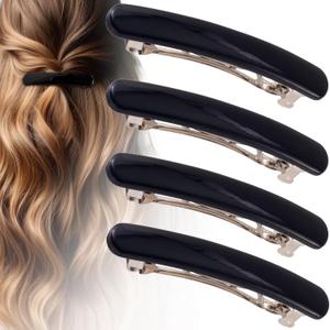HINZIC 4PCS French Barrette Hair Clips for Women, 2.48 In Small Tortoise Shell Hair Clips Barrettes, Non-Slip Flat Hair Accessories for Thin, Curly Hair - Black (oval)