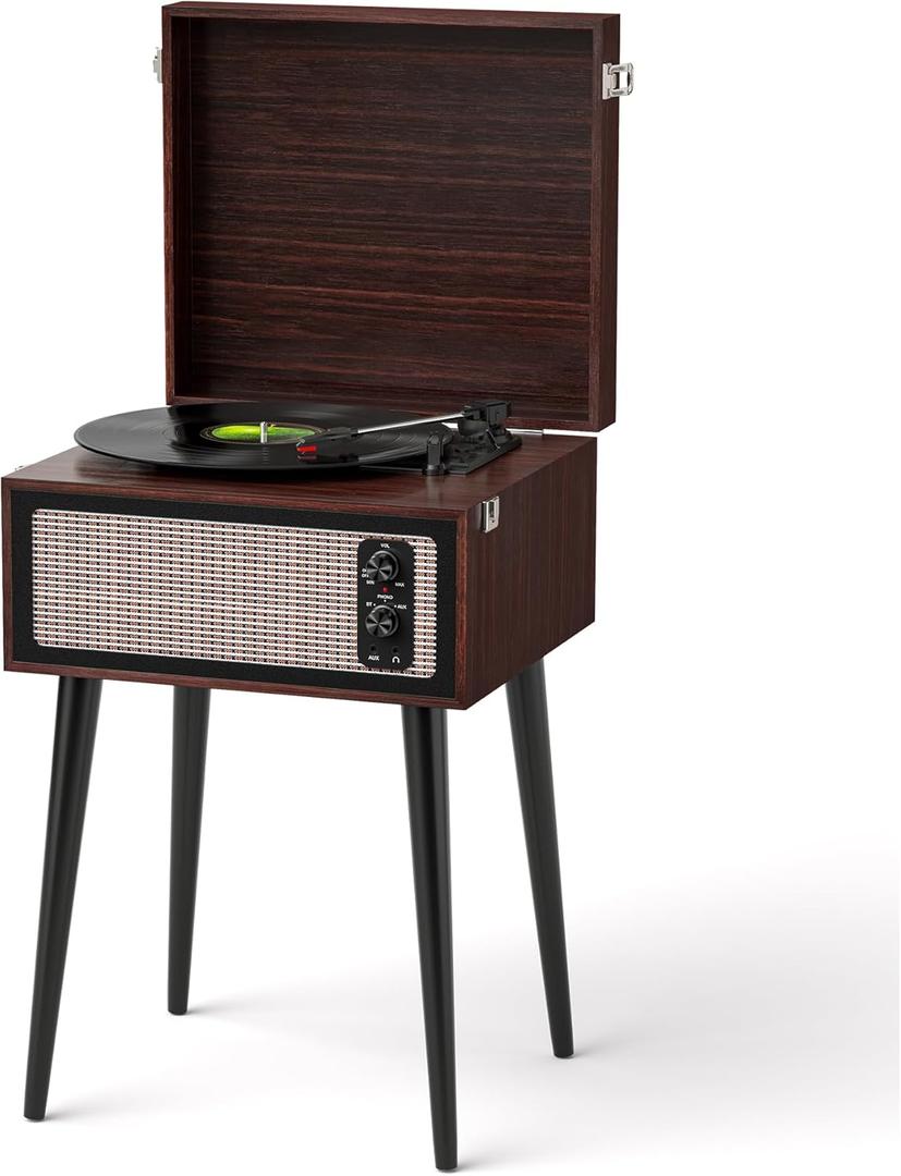 Vintage Standing Vinyl Record Player with Detachable Legs, PC Recording, 3-Speed Belt Driven Bluetooth Turntable Built-in Stereo Speakers Use as Stand or Tabletop Player, Home Decor, Espresso