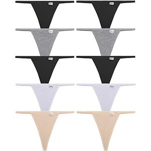 FINETOO 10 Pack G-String Thongs for Women Cotton Panties Stretch T-back Tangas Low Rise Hipster Underwear Sexy M