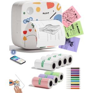 Sticker Printer Print Pod, Mini Portable Printers with 8 Rolls Paper, Inkless Sticker Maker Bluetooth Pocket Printer for Organization,DIY,Crafts,Journal,Study,Work,Label Compatible Phone&Tablet White