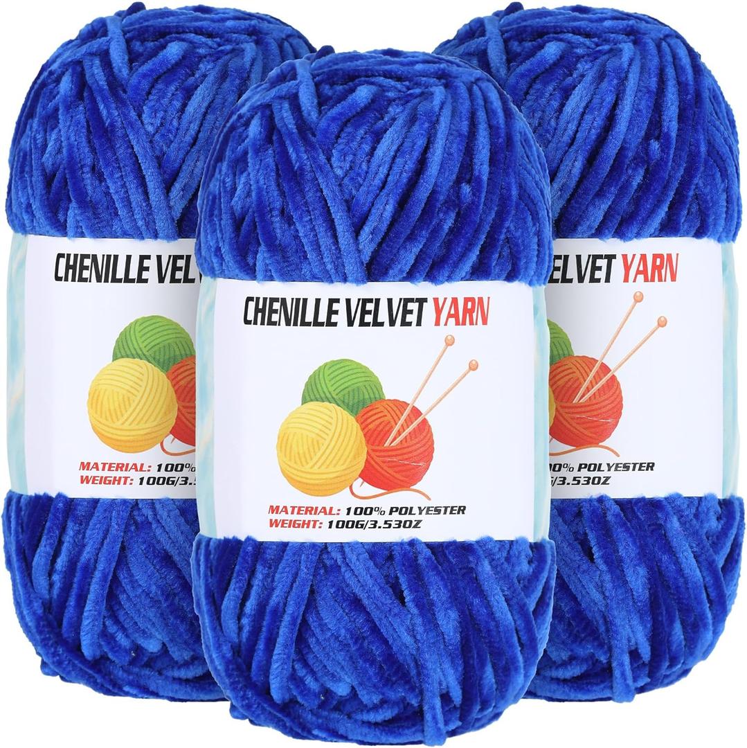 3 * 100g Velvet Chenille Chunky Yarn for Crocheting, Handcrafts Weaving Soft Chenille Yarn for Crocheting Clearance, Used for Making Baby Yarns Blanket, Clothes, Knitting Creations (Sapphire Blue)