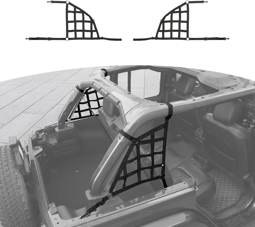 RT-TCZ for Wrangler JL Mesh Cargo Trunk Side Net Restraint Protective Roof Top Baggage Side Net for Jeep Wrangler JL JLU 4 Door 2018 Up Black Accessories 2pcs