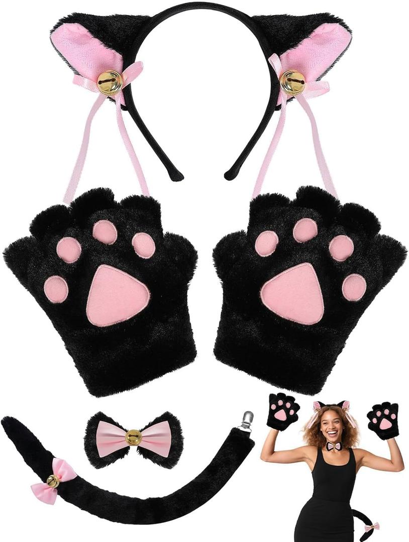 Cat Halloween Costume Accessory 5 Pcs Set with Ears Headband Paws Gloves Bow Tie Tail for Adults Animal Costume Bear,Mouse (Black)