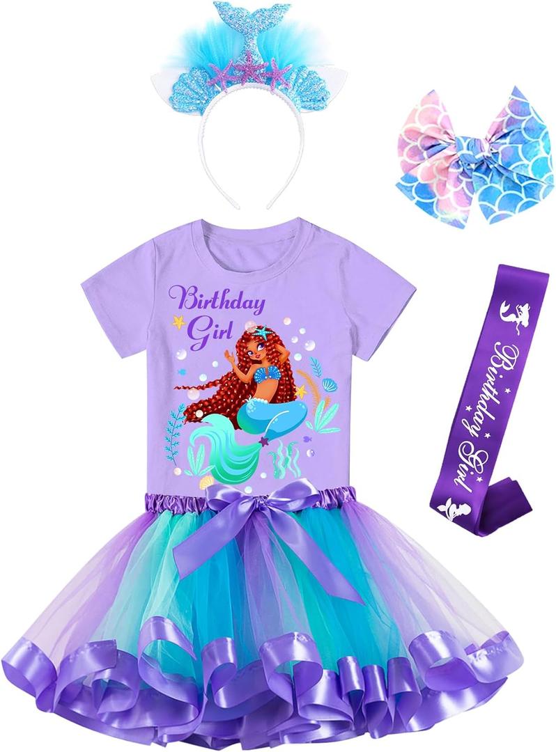 Doctor Unicorn Birthday Girls Mermaid Outfit Set Costume Tutu Skirt Dress, Mermaid Birthday Shirt, Headband & Satin Sash, 6-7 YRS