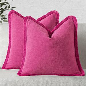 MIULEE Decorative Throw Pillow Covers Neutral Linen Fringe Throw Pillows Set of 2 Hot Pink Boho Farmhouse Cushion Covers with Tassels for Couch Sofa Bed Living Room Spring Home Decor 16x16 Inch