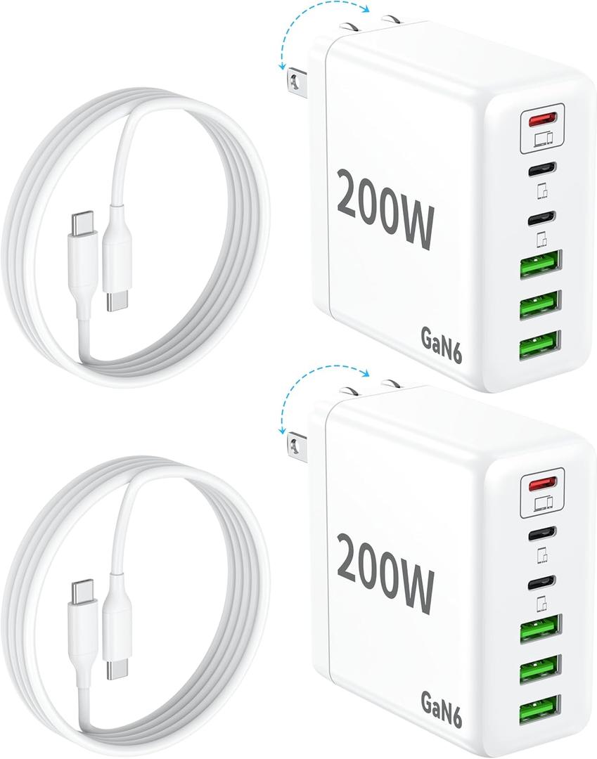 2 Pack USB C Charger Block, 200W GaN Super Fast Charger Type C iPhone 17 16 Fast Charging 6 Port Foldable PD Charging Station for All iPhone/Android Phone Samsung Galaxy S25/S24/MacBook iPad