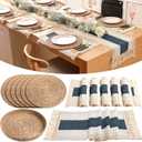 Boho Placemats 4/6/8 Set of Round Woven Placemat Macrame Style Bicolor Stitching Long Table Runner Farmhouse Rustic Natural Burlap Cotton for Kitchen Dining Table(6 Sets,Blue,12x72)