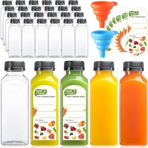 24 PACK, 12 OZ Reusable Plastic Juice Bottles with Caps, Plus 24 Labels & 2 Silicone Funnels - Clear Juicing Bottles for Juice, Smoothies, Ginger, Tea, Coffee - Food Grade & Leakproof Travel Bottles