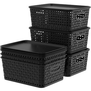 Begale 6-Pack Plastic Basket Organization, Storage Baskets for Shelves with Lids, Black