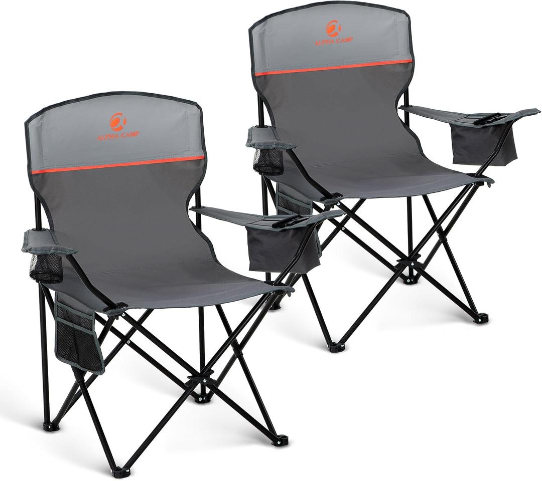 LET'S CAMP Camping Chair 2 Pack Folding Chair with 4-Can Cooler Bag Portable Lawn Chair with Cup Holder,Storage Pocket, Supports 350LBS, Collapsible Chair for Camp, Beach, Picnic (Grey)