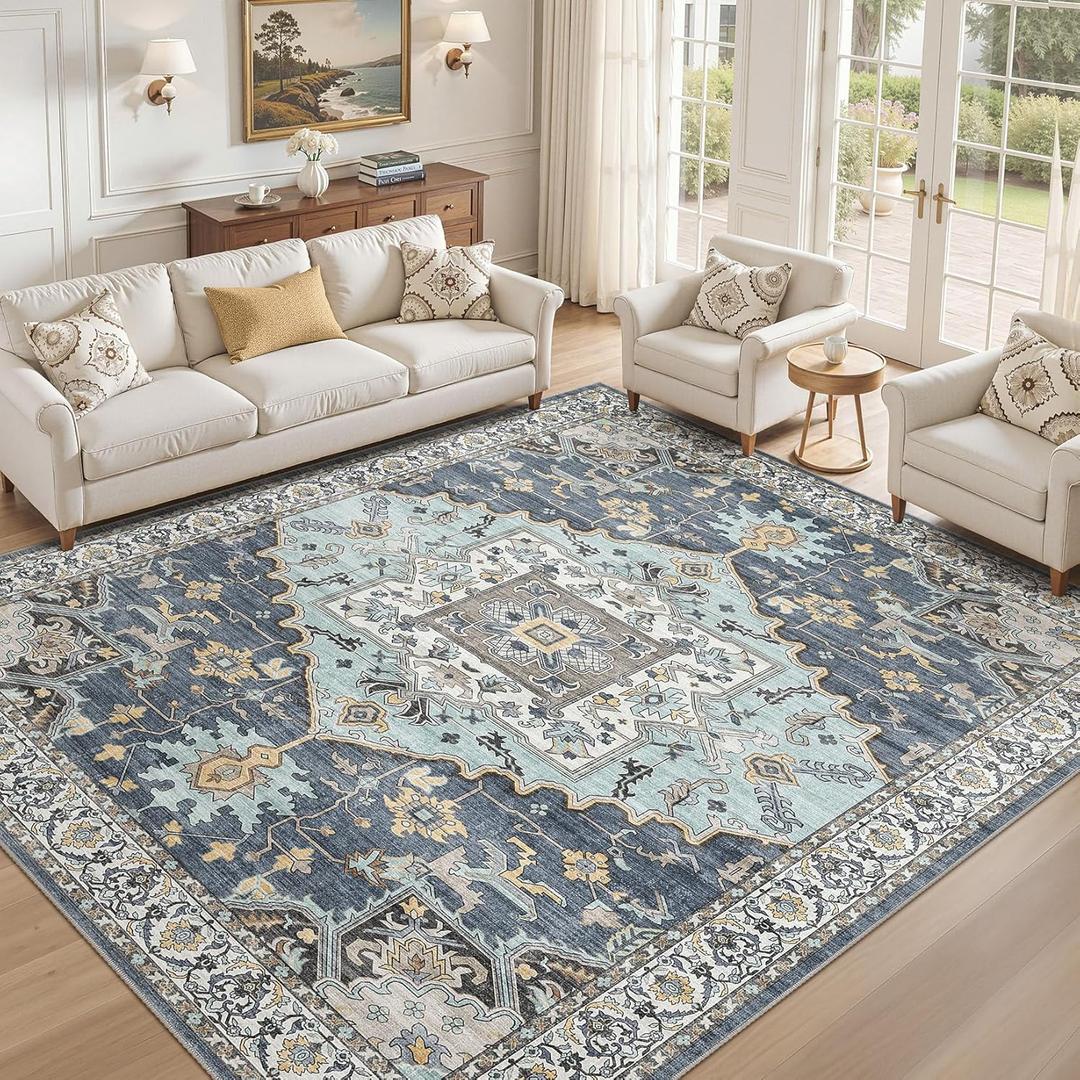 8x10 Washable Area Rugs for Living Room: Non Slip Vintage Blue Yellow Rug, Large Soft Stain Resistant Indoor Floor Carpets for Bedroom Dining Room Nursery Home Office Kid & Pet Friendly