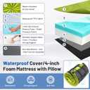 Memory Foam Camping Mattress Pad with Pillow - Extra Thick 4 Inch Sleeping Pad for Camping, Waterproof Roll Up Cot Mattress Topper Bed Mat for Car Truck Tent RV, with Storage Bag