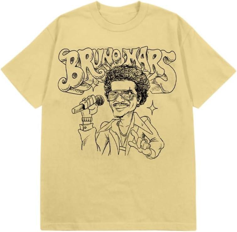 Bruno Mars Unisex Adult Bruno Mars Official Merch Cartoon T-Shirt, Yellow (Medium)