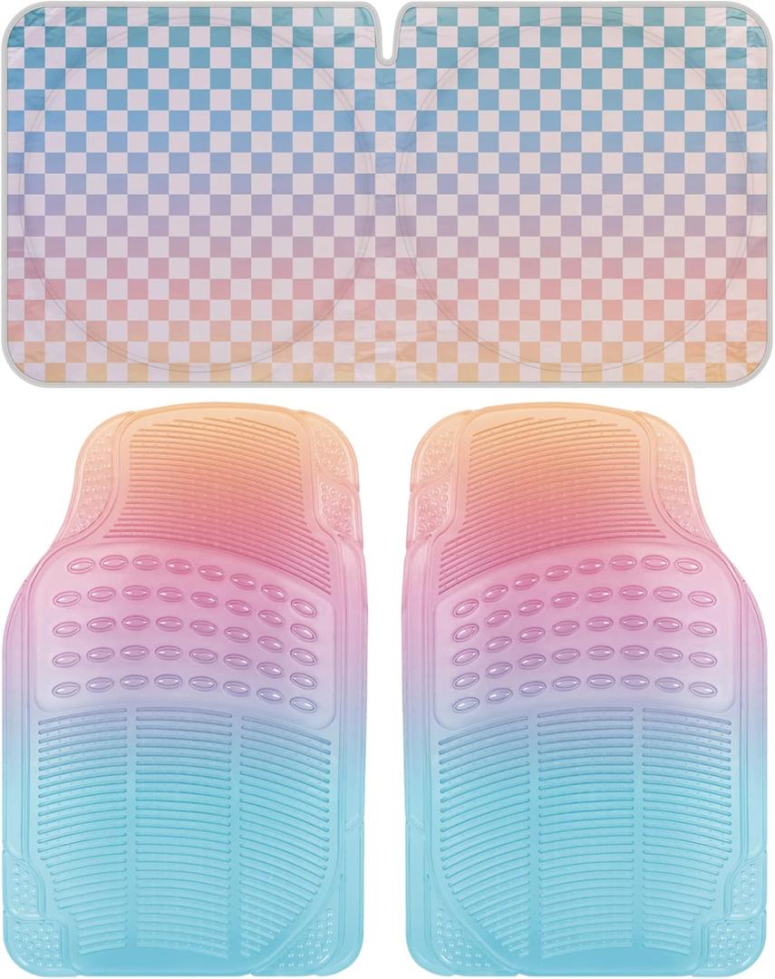 Carbella Auto Sun Shade and 2PC Car Floor Mats Sunset Translucent Rainbow All Weather Heavy Duty Trim to Fit Most Cars, Vans, Trucks & SUVs,