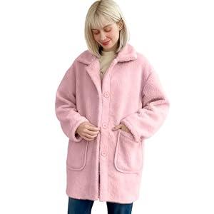 VGE Womens Sherpa Jacket, Warm Winter Coats for Women, Fuzzy Fleece Button Down Jackets, Cardigan with Pockets Outerwear (Pink, M)