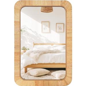 Rattan Rectangular Mirror 24x36, Boho Decorative Wall Mirror for Bathroom, Farmhouse Vanity Mirror for Nursery, Bedroom, Living Room Decor, Nursery & Children's Room