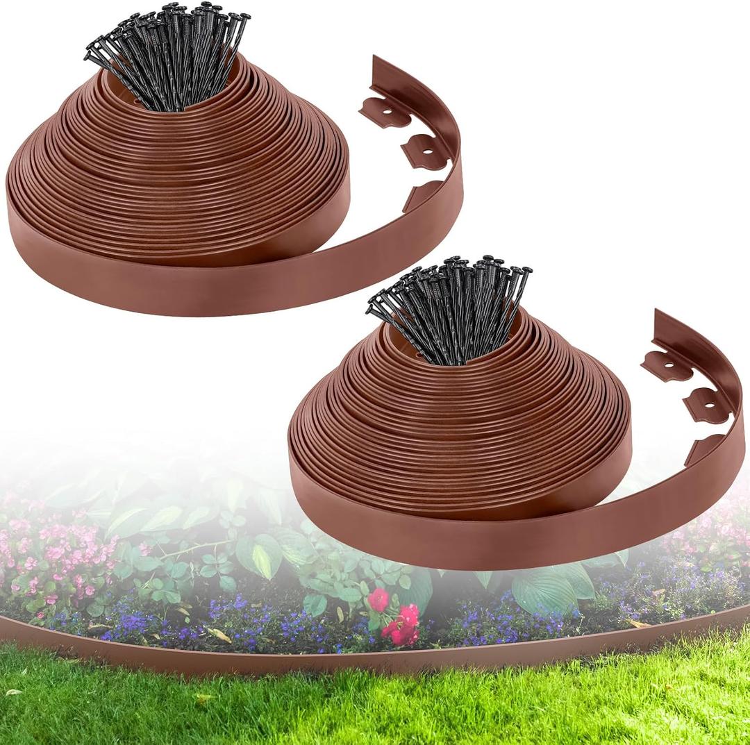 2-Inch x 100 FT Landscape Edging Border with 150 Spikes, Plastic Edging for Landscaping Garden Edging Border, Flexible Landscaping Edging for Garden Flower Beds Yard Lawn Pathway Paver (Brown)