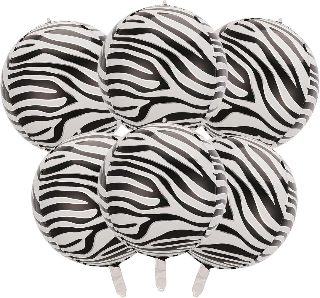 22 Inch Pack of 6 Zebra Balloons Big Zebra Print Animal Balloons for Birthday Party Decorations 4D Black and White Print Inflatable Foil Balloons for Wild Party Kids Girls Boys Adults Birthday