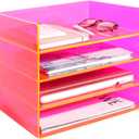 Gelite Acrylic File Organizer for Desk 4 Tiered Stackable Letter Tray Office Paper Storage Desktop Document Sorter, Neon Pink