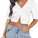 Ezbelle Summer Women's V Neck Cardigan Sweater Knit Sexy Short Sleeve Tops Crop Button Down Shirt 2026 , Small White