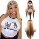 22 Inch #27 Honey Blonde Headband Wigs Human Hair Straight Wigs for Black Women Brazilian Virgin Hair Glueless None Lace Front Half Wig Wear and Go Blonde Headband Wigs Human Hair