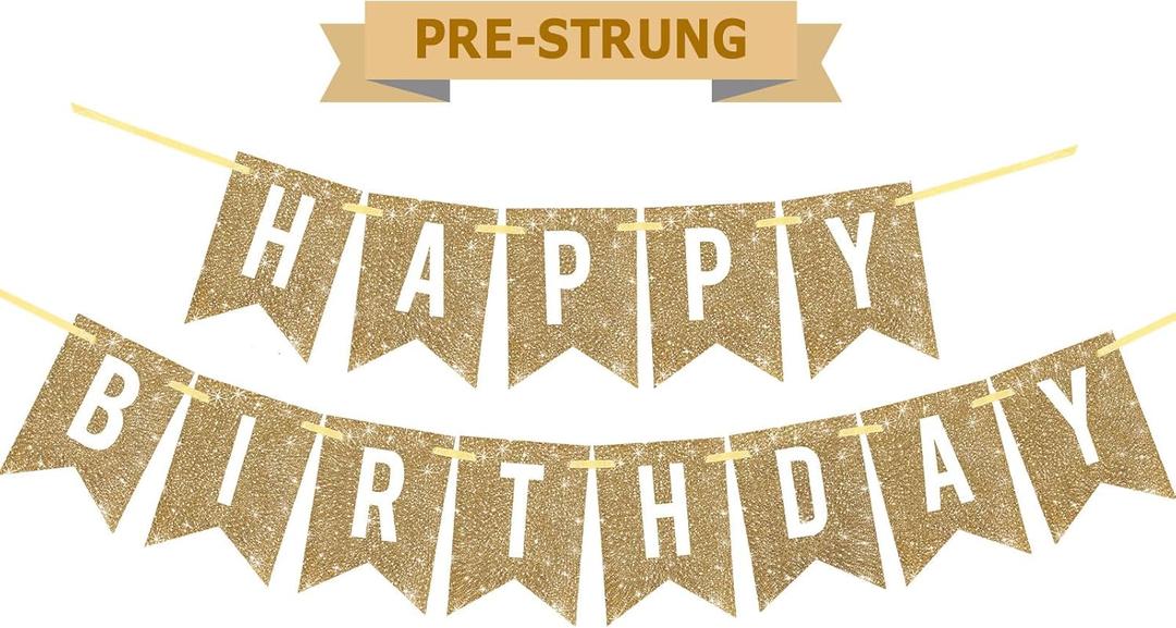 Netnology Pre-Strung Gold Happy Birthday Banner Decorations,12 ft No DIY Gold Glitter Birthday Party Banner Sign Decor for Women Men Girl Boy Party Supplies