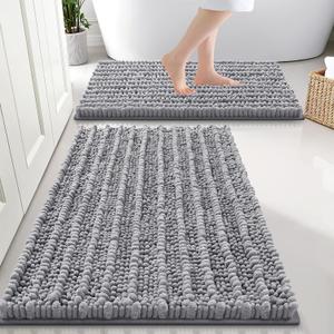 Smiry Bathroom Rugs Sets 2 Piece, Soft Absorbent, Non Slip Rubber Backing Machine Washable Quick Dry Chenille Bath Rug Set for Tub, Shower, and Floor (30" x 20" Plus 24" x 16", Grey)