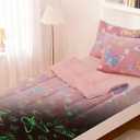 A Nice Night Colorful Butterfy Plush Zippered Comforter Set,Zipper Bedding Glow in The Dark for Child, Twin (Pink)