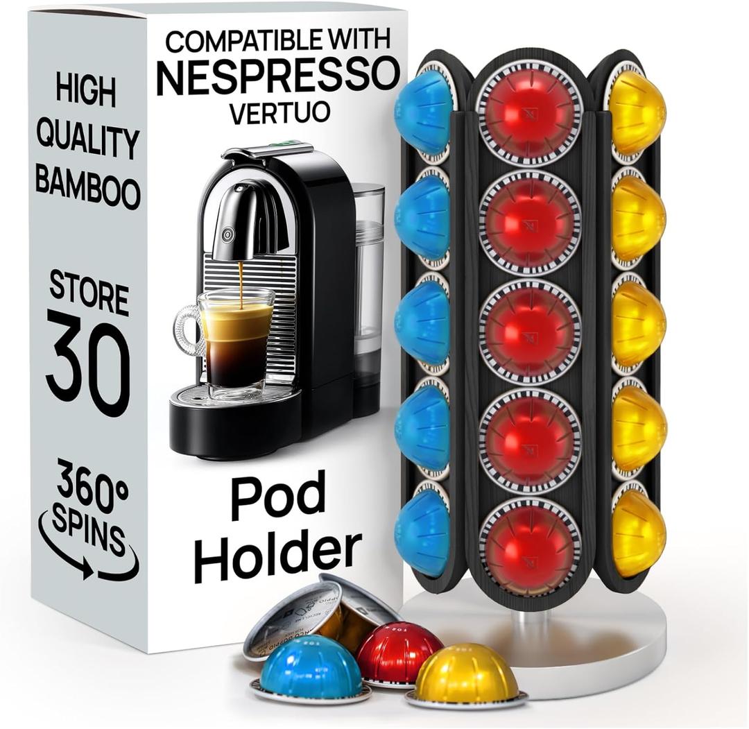 Ibyx 30-Capsule Nespresso Pod Holder  360 Rotating Coffee Storage Stand  Compatible with Nespresso Vertuo  No Assembly, Black Wood Design