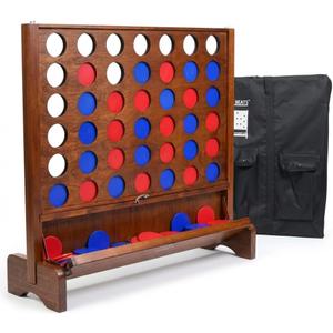 Giant Wooden 4 in A Row Game with Folding Catch Tray, Wall-Mountable or Ground Play, Indoor Outdoor & Backyard Game, Includes Carry Case and Detachable Legs