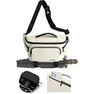 Waterproof Camera Waist Bag - Portable Fanny Pack, Compact Camera Case with Tripod Holder, Daily Crossbody Bag for Canon Nikon Sony DSLR/SLR/Mirrorless Camera, Can accommodate 1 Camera 2 Lens, White (Large)