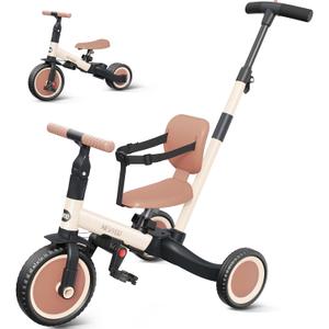 newyoo Toddler Tricycle with Push Handle for 1-3 Year Old, Toddler Bike, Birthday Gift and Toy for Boys and Girls, 5 in 1 Kids Trike, Balance Bike with Backrest and Safety Belt, Khaki, TR007