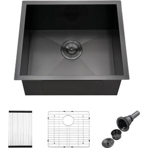 21" Undermount Kitchen Sink, 16 Gauge Gunmetal Black T304 Stainless Steel Single Bowl, 21x19x10 Inch Deep Bar Prep Sink with Roll-up Drying Rack & Grid, Scratch-Resistant Nano Finish