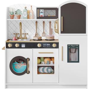 Treocho Play Kitchen for Kids, Wooden Toddler Kitchen Set with Storage, Modern Design Toy Kitchen with Faucet&Sink, Stove, Chalkboard, Icemaker and Various Accessories for Kids Ages 3+, White