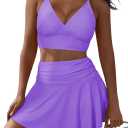 Pink Queen Women's High Waisted Bikini Set Two Piece Swimsuit V Neck Spaghetti Straps Swim Skirt Bathing Suit (Purple, M)