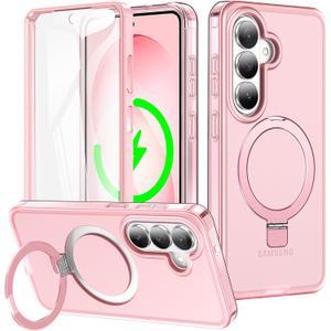 for Samsung Galaxy S26 Case with Magnetic Invisible Stand[Compatible with MagSafe] with Screen Protector Dual Layer Full Body Military Shockproof Translucent Phone Cover-Pink