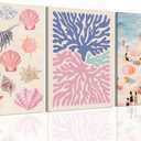 Preppy Beach Wall Art Set of 3, Teen Beach Room Decor Coastal Girl Beachy Canvas Poster Prints, Abstract Beach Painting Wall Decor Aesthetic for Bedroom Living Room Framed 12x16 Inch (Pink)