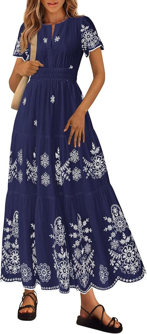 PRETTYGARDEN Summer Dresses for Women 2026 Floral Boho Maxi Spring Casual Short Sleeve V Neck Elastic Waist Dress Pockets
